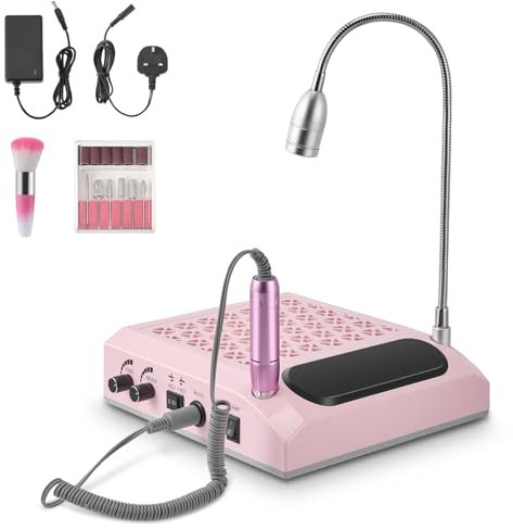 4-in-1 Multifunctional Nail Dust Collector with LED Light & 30000RPM Electric Nail Drill, 80W Professional Dust Extractor Fan Nail Salon, Low Noise Powerful Suction, 6 Drill Tips, Reusable Filter