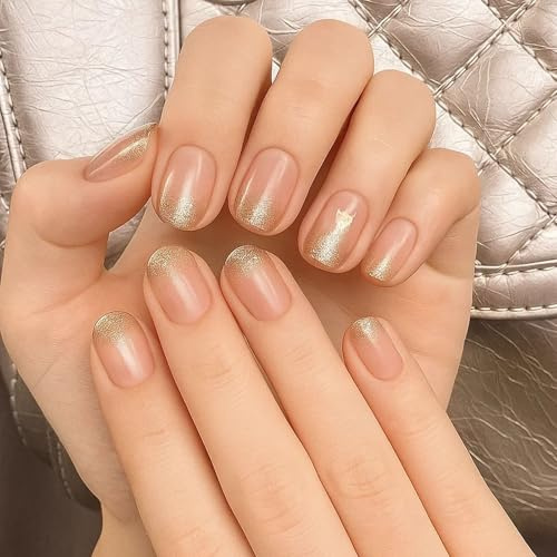 Short Almond Press On Nails Nude Gold Glitter – Gradient Fake Nails for Women, Stick On Nails with Shimmer Finish for Daily Wear, Parties & Special Occasions