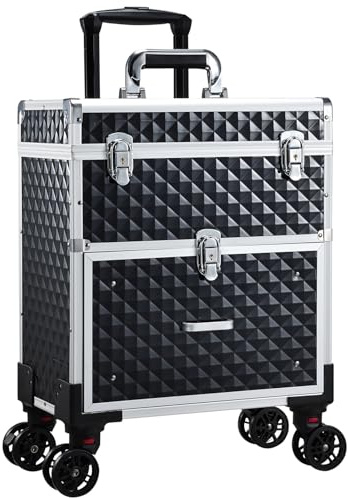 Joligrace Makeup Case Vanity Case Large Beauty Makeup Trolley on Wheels with Drawer Make Up Box Organizer Nail Polish Organizer Storage, Black and Silver