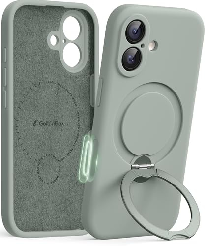 GolbinBox for iPhone 17 Case with 360° Spin Magnetic Stand, [Compatible with MagSafe][Full Camera Protection], Full Body Shockproof Liquid Silicone Case with Ring Stand for iPhone 17 6.3'', Grey Green