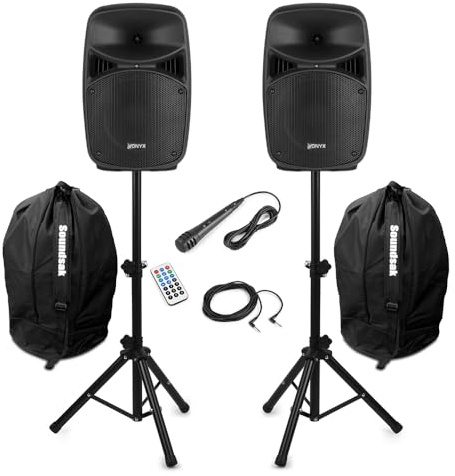 Vonyx VPS082A 8 Active PA Speaker System with Bluetooth, Microphone, LED Lights, Complete DJ Kit with Tripod Stands & Carry Bags for Home DJ Sets & Parties