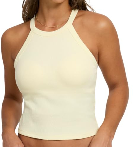 creamy fabrics Damen Neckholder Top mit integriertem BH – Slim Fit Bratop, atmungsaktiv & elastisch, ergonomischer BH-Einsatz für sicheren Halt, körpernah geschnitten für Alltag, Freizeit & Sommer