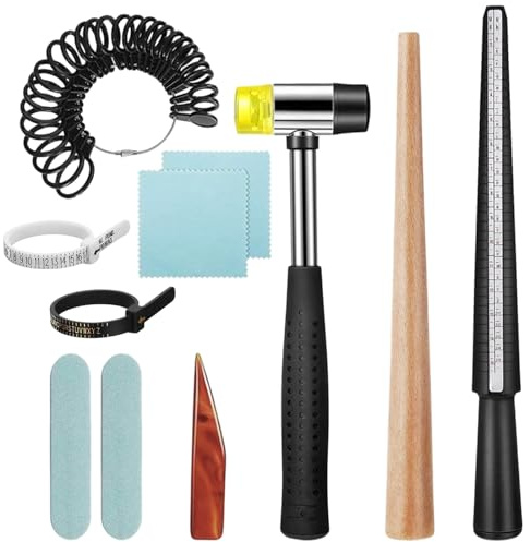 11 Piezas Juego Medidor Anillos, Medición Tamaño Joyería, Herramienta para Reparación Anillos, Herramientas Medir Joyas Multifuncional con Mandril Anillo, Martillo Goma, Calibre Anillo Plástico