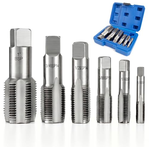 Lot de 6 tarauds de tuyau BSP 1/8, 1/4, 3/8, 1/2, 3/4, 1 BSP avec boîte de rangement, kit de tarauds filetés en acier au carbone pour filetage précis, différents tuyaux