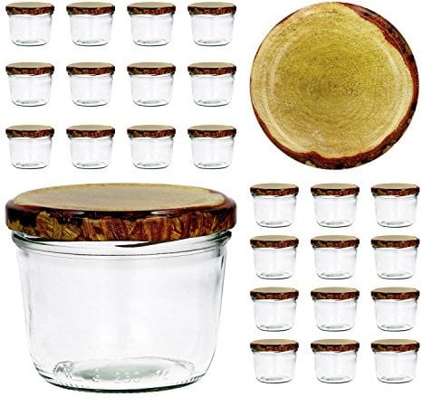 Lot de 25 bocaux en Verre Couvercle to 82 – Plusieurs Couleurs au Choix – Confiture Bocaux en Verre pour Conservation de Confiture Couvercles dorés Capacité 230 ML décoration en Bois