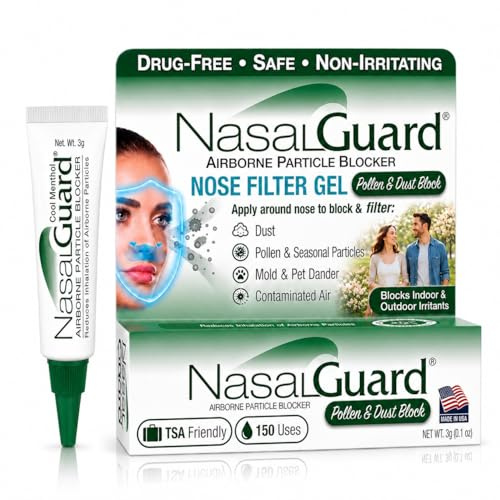 NasalGuard Allergy Relief and Allergen Blocker Nasal Gel - Drug-Free and Proven Safe for Pollen Allergy Sufferers, Approved for Airplane Travel (3 Gram, Cool Menthol)