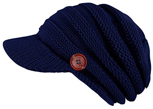 dy_mode Damen Schirmmütze Strickmütze Mütze mit Holzknopf - A309 (A309-Dunkelblau)