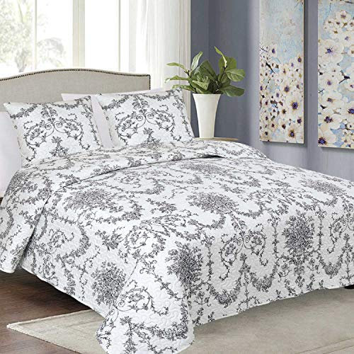 Euromat Tagesdecke Steppdecke Bettüberwurf Gesteppte Tagesdecke mit 2 Kissenbezüge 40x40 cm- (Schwarz Weiss Ornament- J-066, 180x220 cm)