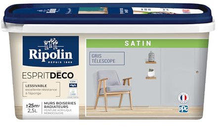 RIPOLIN - Peinture Intérieure Multi-Supports – Murs, Boiseries & Radiateurs – Ultra-Couvrante – Lessivable – Application Facile – Ecolabel - Satin - 2,5L - Gris Telescope