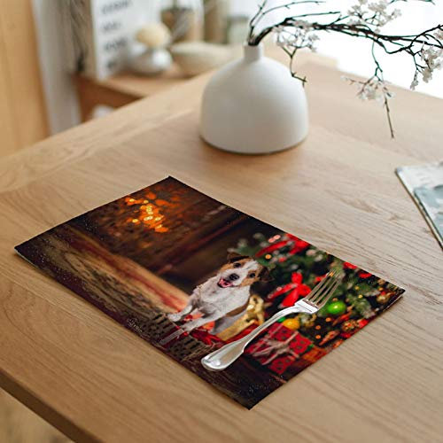 Bishilin Platzset Abwaschbar rutschfest, Kamine Weihnachtsbaum Geschenk und Hund Tischset 4er Set Platzdeckchen 45X32CM Stoff