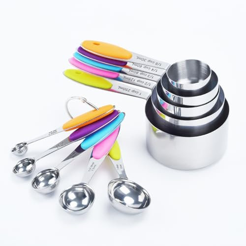 LYFJXX 18/8 Stainless Steel Measuring Cups and Spoons Set of 10 Piece for Kitchen-Sliver