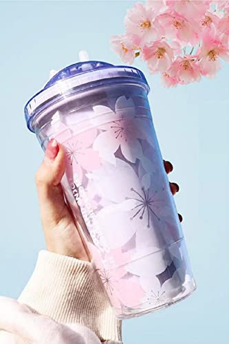 Bonita botella de agua de 16 onzas con popote y tapa, botella de agua de doble pared con purpurina con pajilla, taza kawaii, botella de agua con flores de cerezo, tazas kawaii para regalos (morado)