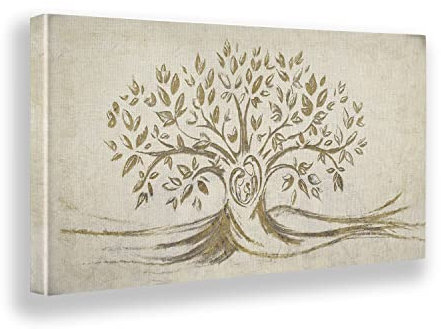 Giallobus - Quadro - 01 - Capezzale Moderno - Sacra Famiglia e Albero della Vita - Beige - Tela Canvas Telaio Premium Alto Spessore - 100x50 - Pronto da Appendere - Quadri Moderni per la casa