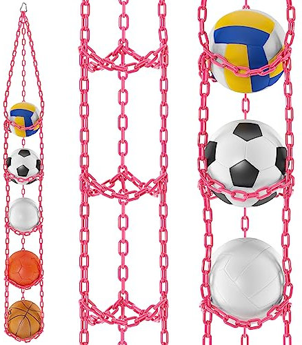 VAILANTES Universal-Ballhalter für Basketball, Fußball, Volleyball - Ballaufhänger - Aufbewahrung von Sportgeräten - Präsentation von Bällen an der Wand – Rosa, 24x170x24cm