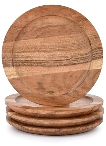Indus Lifespace Lot de 4 assiettes rondes en bois d'acacia pour sandwichs, salades, amuse-bouches, décoration de table/réunion de famille (20,32 cm x 20,32 cm x 1,90 cm)