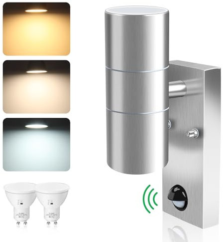 ALUSSO LIGHTING Edelstahl LED Außenleuchte mit PIR Bewegungsmelder Up Down Wandleuchte, Aussenlampe inkl. 2x 8W GU10 Glühbirnen 750LM 3000K/4000K/6000K, Wandlampe IP65 Wasserdicht für Garten, Silber