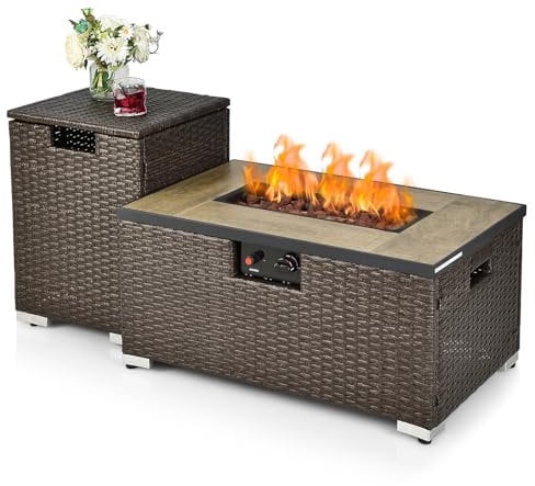 COSTWAY Outdoor Fire Pit Table Set, 40000 BTU Rattan Fire Pit Table with Gas Bottle Tank Cover, Lava Rocks, Tile Top & PVC Cover, Patio Fire Pit Table & Storage Box (2PCS Fire Pit Table Set)
