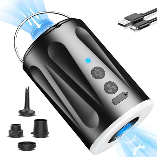 Elektrische Luftpumpe, 6000 mAh, Luftpumpe, 4 Düsen, LED-Licht, 2 Windstufen, 6,5 kPA, 400 l/min, doppelter EIN- und Auslass, für aufblasbare Boote, Luftmatratze