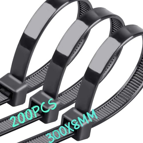 Caiery 200 Pezzi 300 x 8mm Grande Lunghe Fascette Plastica per Cablaggio, Fascette Stringicavo,Fermacavo Nero Elettricista, Nylon Cavi Fascette (200Pezzi 300 x8MM,Nero)