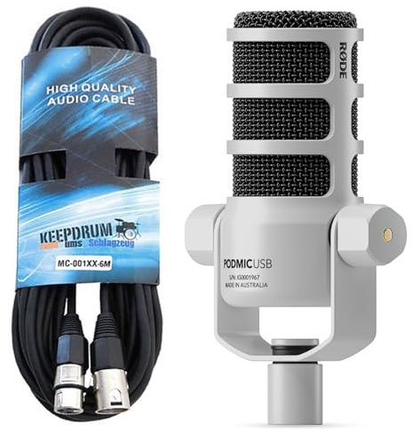 Rode Podmic USB XLR Dynamisches Sprecher-Mikrofon Weiss mit keepdrum XLR-Kabel