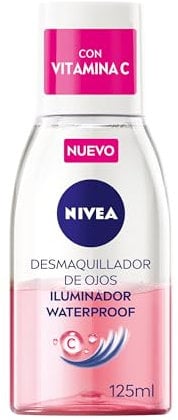 NIVEA Desmaquillador de Ojos Iluminador Waterproof (1 x 125 ml), desmaquillante para contorno de ojos resistente al agua, limpiador facial energizante de fórmula bifásica con Vitamina C