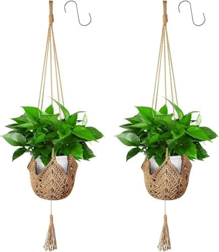 2 Pack Hanging Planters Baskets, Jute Rope Macrame Plant Hanger Flower Pot Hanging Plants Holder with 2 Hanging Hooks 101CM, Wall Hanging Holder Indoor Outdoor for Balcony Garden Home Decor