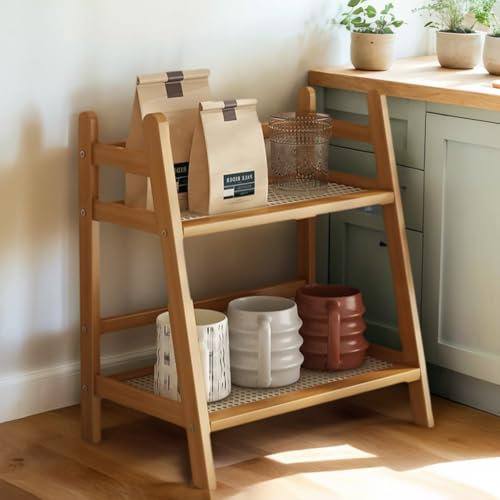 Ruioomeep Organizador de cocina de imitación de bambú, tejido de ratán, decoración de cocina, 2 niveles, estante vertical de madera, estante de cocina, encimera, para cocina, salón, comedor, oficina
