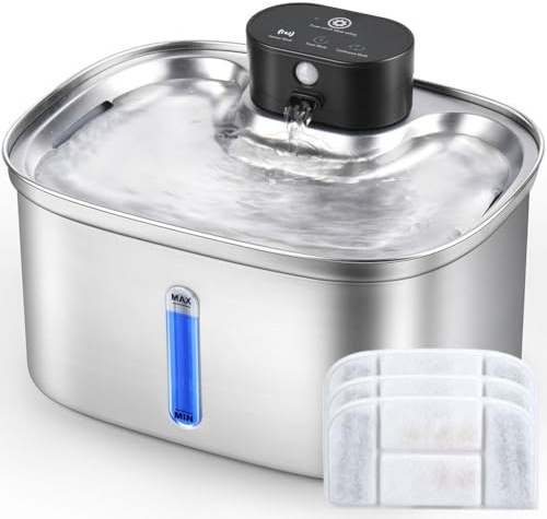 Fontaine à eau sans fil en acier inoxydable pour chat, 5 l, avec batterie de 5000 mAh et pompe ultra silencieuse, distributeur d'eau automatique pour chats et chiens, 3 filtres