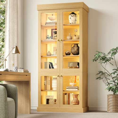 BTM Glass Display Cabinets with Lights Freestanding Bookcase Cabinet Oak color