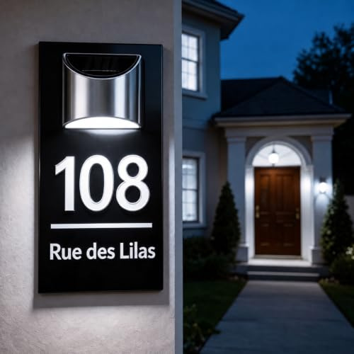 Plaque de porte solaire moderne personnalisée, Numéros d’adresse extérieurs | Acrylique étanche, LED auto, fixation 2‑en‑1, recharge solaire, 5 coloris, 4 tailles, cadeau maison moderne