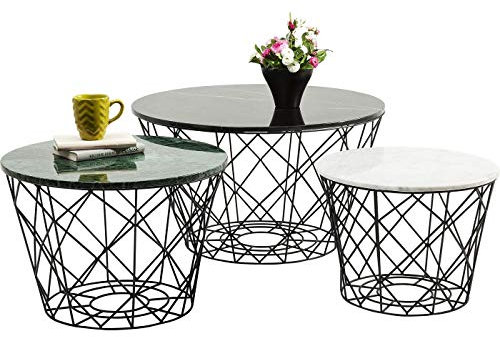 Kare Design East Cost (3/Set), Schwarz/Weiß/Grün, Wohnzimmertisch, Beistelltisch, Stahl Gestell, Marmor Tischplatte, 46x80x80 cm (H/B/T)