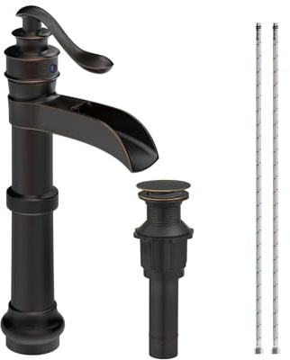 Homevacious Évier de salle de bain cascade en bronze huilé à poignée unique pour salle de bain de ferme avec bonde pop-up - Robinet mitigeur à un trou sans trop-plein
