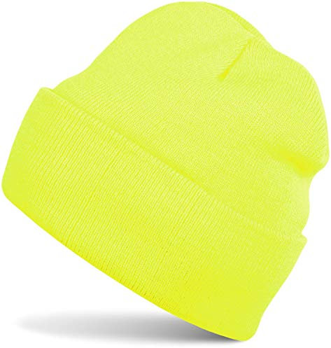 styleBREAKER Unisex Beanie Strickmütze Einfarbig, Feinstrick Mütze doppelt gestrickt, warme Winter Strickbeanie 04024029, Farbe:Neongelb