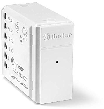 Finder Relè multifunzione connesso Bluetooth YESLY Tipo 13728230B000. 2 contatti. Adatto per controllo luci, tapparelle e tende elettriche. Programmabile tramite App Finder YOU. Colore Bianco
