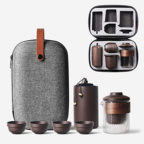 Tetera china de viaje de cerámica Kung Fu portátil hecha a mano, tetera todo en uno, bolsa de regalo para adultos (juegos de té de arcilla morada 3)