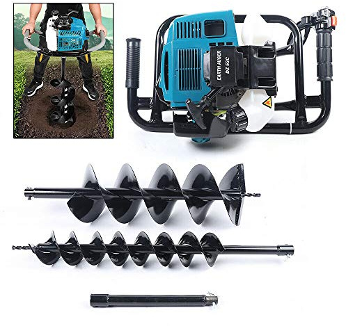 1700W Petrol Gas Powered Earth Auger with 52CC Gasoline Engine Earth Auger with 2 Double Spiral Drills Heavy Duty Earth Auger Power Head Full Engine Post Hole Digger Auger Petrol Drill Bit
