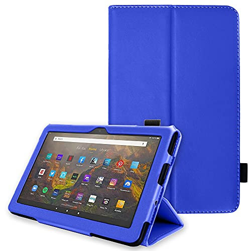 TECHGEAR Funda de Cuero Diseñado para Amazon Fire HD 10 (10,1) / HD 10 Plus (11ª generación, Modelo del 2021) - Carcasa Cuero PU Protectora Soporte y Correa de Mano [Azul]