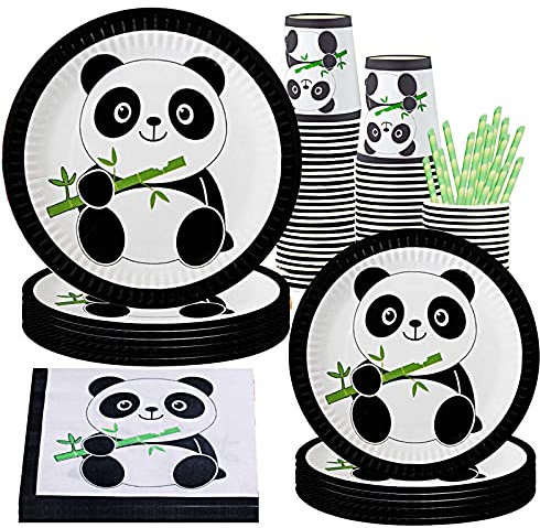 Panda Party Supplies Panda Geschirr Set inkl. Panda Pappteller Tassen Servietten Strohhalme für Panda Geburtstag Wediing Baby Shower Party Serves 10 Gäste