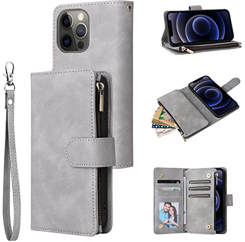 UEEBAI Handyhülle für iPhone 13 6.1 inch, Retro Reißverschluss Hülle PU Leder Weiche Klapphülle Magnetverschluss Kartenfach Standfunktion Geldbörse Trageband Schutzhülle - Grau