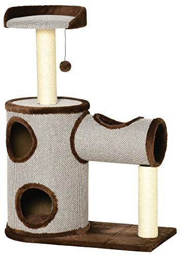 PawHut Medium Kratzbaum Höhe 104 cm Katzenkletterturm mit Kratztonne Oben Bett Tunnel Sisal Pfosten und hängenden Ball 75x39x104 cm Braun