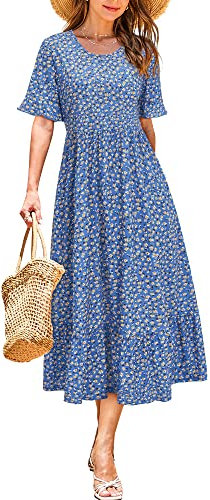 STYLEWORD Women Summer Dress Floral Short Sleeve Ladies Casual Swing Midi Dress with Pockets(Floral09,Large)