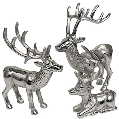 MichaelNoll Hirsch 3er Set - Liegend, stehend - Rentier Aluminium Metall Silber - Figur Statue Dekofigur - Deko für Wohnzimmer, Küche, Schlafzimmer - Weihnachten Winter - Hirschgeweih Dekoration