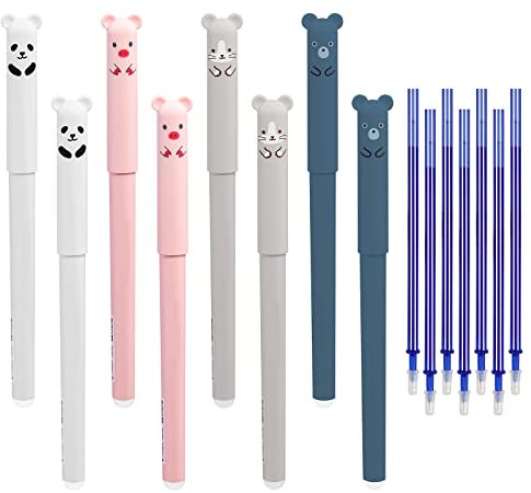 Ailvor Radierbarer Kugelschreiber, 8 Stück Tintenroller Radierbar mit 20 Nachfüllungen, Cartoon Löschbarer Stift, 0.35mm Erasable Pen Set für Studenten Geschenk, Schul Bürobedarf(Blau)
