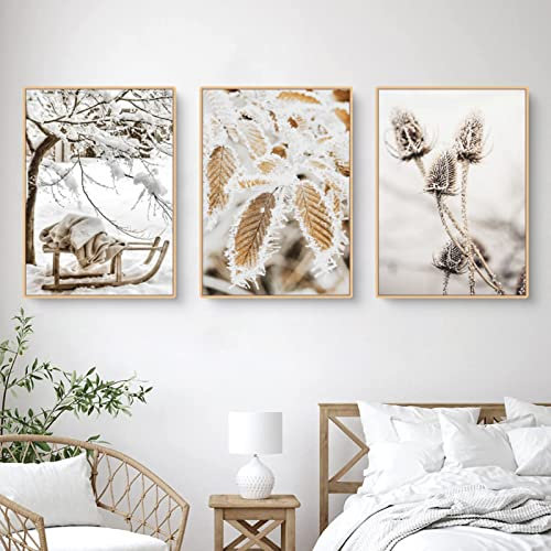 TROYSINC 3er Premium Poster Set, Winter Bilder, Elch, Holzhaus, Wald Wandkunst Wandbilder, Leinwand Drucke Wohnzimmer bilder Modern Wanddeko Bilder, Kein Rahmen (C,50x70cm)