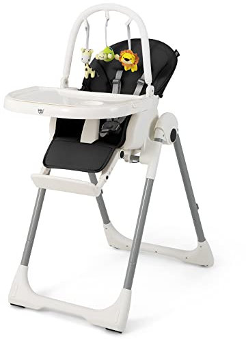 COSTWAY Adjustable Baby Highchair for Babies and Toddlers, Foldable Reclining Infants High Chair with Removable Double Trays, Toy Bar, PU Cushion and Lockable Wheels (Black)