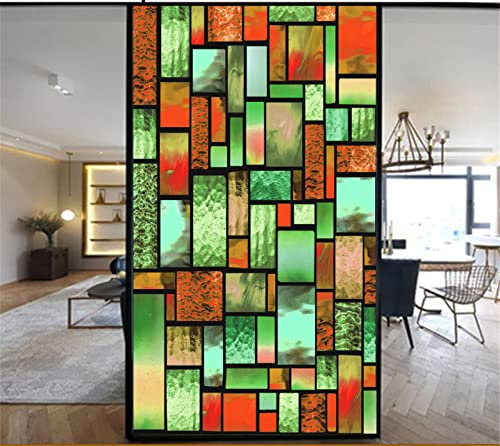 3D Regenbogen Folie Fenster,Glasdekorfolie, PVC,für Badezimmer Kinderzimmer Küche,44.5x200cm Schlafzimmer, Wohnzimmer, Esszimmer, Büro, Hotels, KlassenzimmerGrüner orange Quadrat