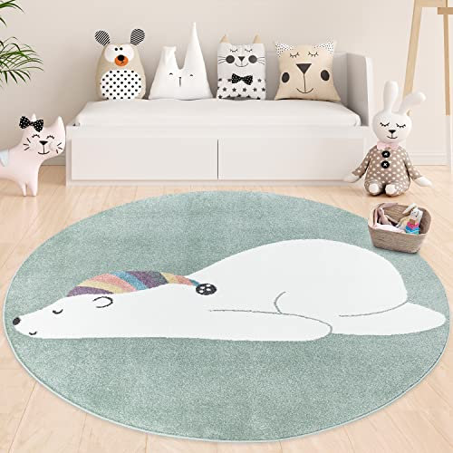 payé Teppich Kinderzimmer Rund - Grün - 160x160cm - Pastellfarben Spielteppich Kinderteppich Kurzflor Weich Schlafender Bär mit Schlafmütze