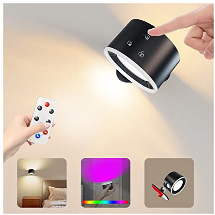 Coollamp Luci da parete a batteria, aplique pared interior con telecomando, 15 luci bianche calde d'ambiente RGB, 4 dimmer, rotazione a 360°, applique ricaricabile per camere da letto lettura