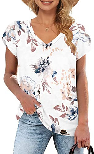 WNEEDU T-Shirt Damen Sommer V Ausschnitt Kurzarm T Shirts Tops Basic Oberteile Blumen Weiß XXL