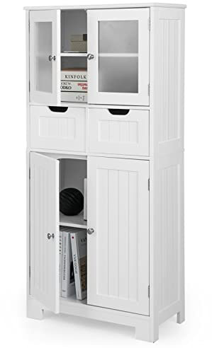 Multigot Bathroom Floor Cabinet, Multifunctional Storage Cupboard with 2 Glass Doors, 2 Drawers & Adjustable Shelves, Freestanding Wooden Organizer Unit for Bedroom Living Room Hallway (White)